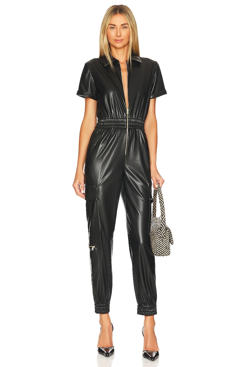 Alice + Olivia Levi Faux Leather Cargo Jumpsuit Black 1 Alice + Olivia Levi Faux Leather Cargo Jumpsuit Black