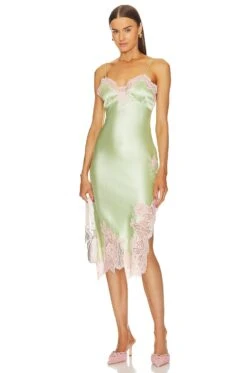Alice + Olivia Kerr Lace Trim Asymmetrical Mid Slip Dress Pistachio
