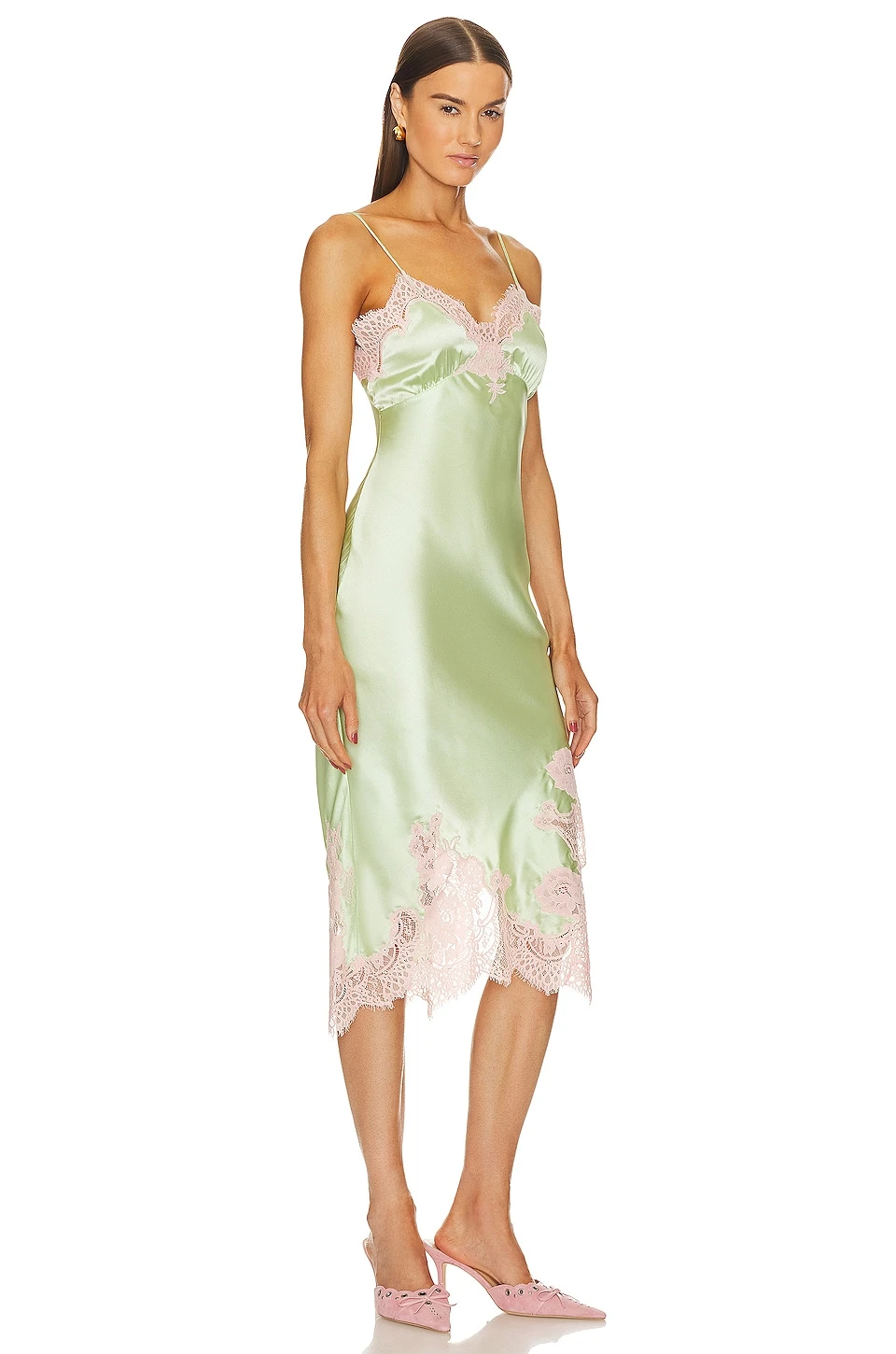 Alice + Olivia Kerr Lace Trim Asymmetrical Mid Slip Dress Pistachio 2 Alice + Olivia Kerr Lace Trim Asymmetrical Mid Slip Dress Pistachio - Image 2