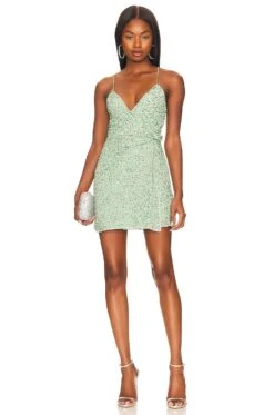 Alice + Olivia Celestine Embellished Wrap Mini Dress Light Sage