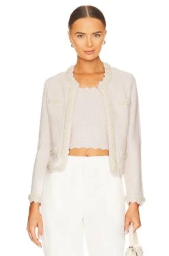 Alice + Olivia Noella Knit Jacket With Pearls Sand Marl & Pearl