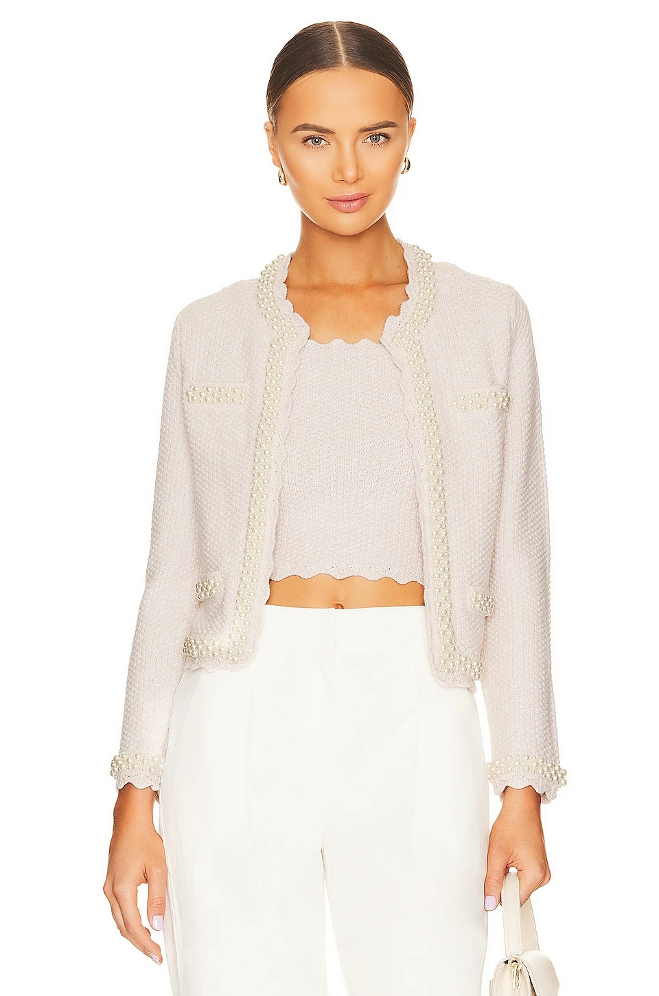 Alice + Olivia Noella Knit Jacket With Pearls Sand Marl & Pearl 1 Alice + Olivia Noella Knit Jacket With Pearls Sand Marl & Pearl