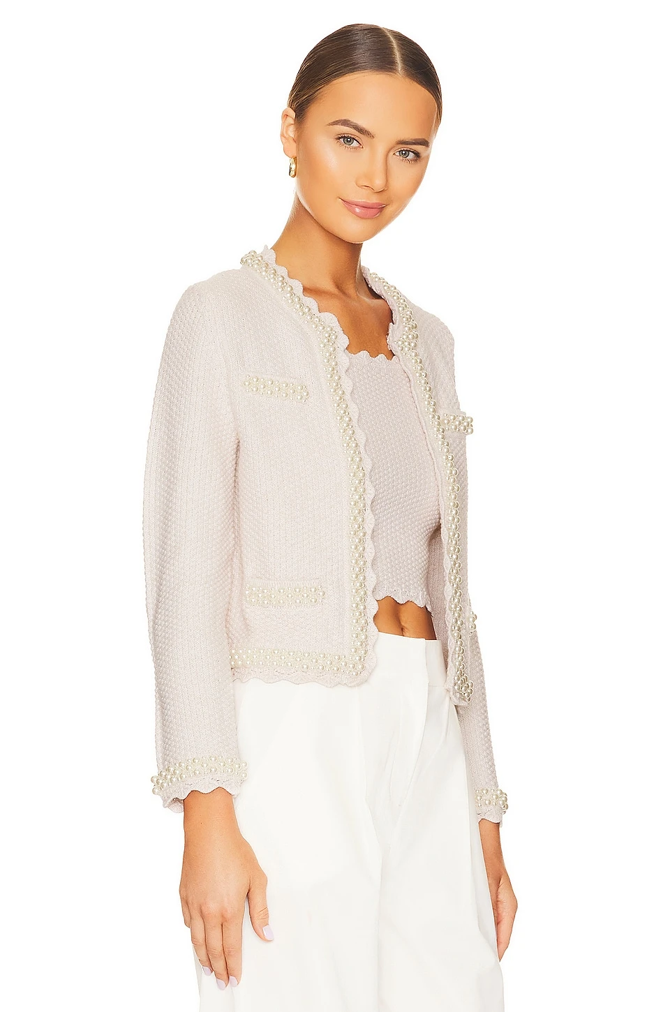 Alice + Olivia Noella Knit Jacket With Pearls Sand Marl & Pearl 2 Alice + Olivia Noella Knit Jacket With Pearls Sand Marl & Pearl - Image 2