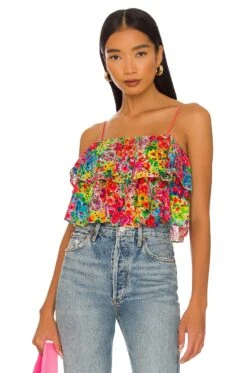 Alice + Olivia Marylynn Ruffle Crop Top Garden Floral