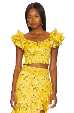 Alice + Olivia Shanae Ruffle Sleeve Tie Top Escape Ditsy Sunbeam