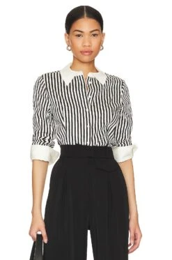 Alice + Olivia Melia Fitted Dart Button Up Top Joy Stripe