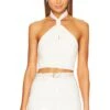 Alice + Olivia Sade Faux Leather Knot Halter Neck Crop Top Ecru