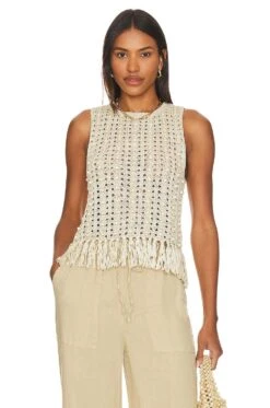 Alice + Olivia Reva Shell & Wooden Beads Top Natural