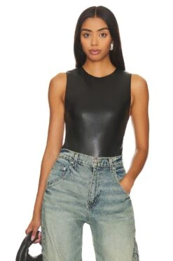 Alice + Olivia Clarinda Faux Leather Bodysuit Black